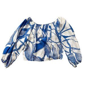 Nine West Blue White Geometric Pattern 3/4”  Sleeve Cropped Elastic Waist Top MD